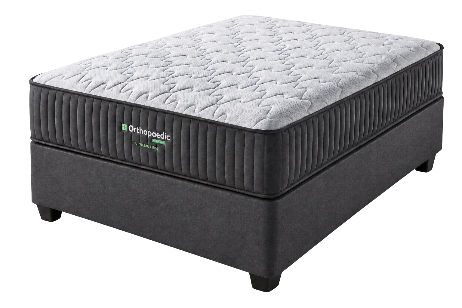 Orthopaedic Supreme Firm bed set with plain charcoal base, angled view